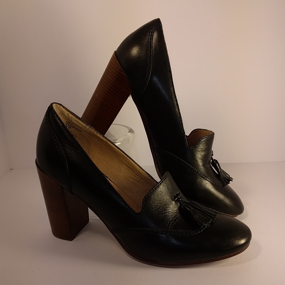 EUC Stacked High Heel Tassel Loafer Pumps